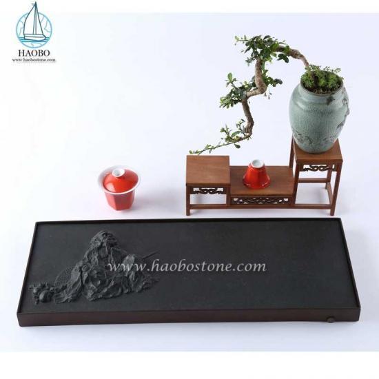 Black Granite Carved Tea Tray