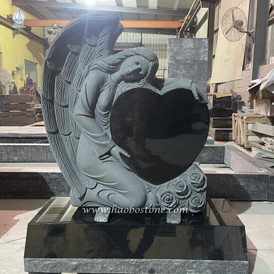  Black Granite Winged Weeping Angel Holding Floral Carved  Headstone 