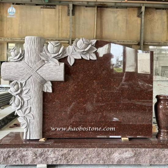  Red Granite Tree Monument with Floral Cavings 